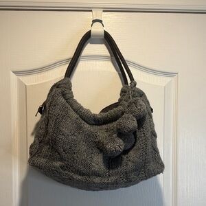 Gray Knitted Handbag / Shoulder Bag with Pom-Pom Accents
